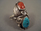 Amazing Vintage Navajo Lucy Turquoise Coral Native American Jewelry Silver Leaf Ring Old-Nativo Arts