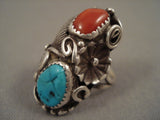 Amazing Vintage Navajo Lucy Turquoise Coral Native American Jewelry Silver Leaf Ring Old-Nativo Arts