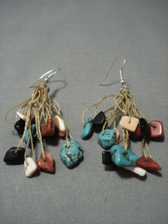 Amazing Vintage Navajo Native American Jewelry jewelry Turquoise Coral Dangle Earrings-Nativo Arts