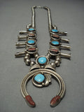Amazing Vintage Navajo Turquoise Sterling Native American Jewelry Silver Squash Blossom Necklace-Nativo Arts