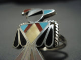 Amazing Vintage Zuni Turquoise Coral Sterling Silver Bird Ring Native American Jewelry-Nativo Arts