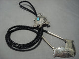 Astonishing Vintage Native American Navajo Sterling Silver Horned Toad Turquoise Bolo Tie-Nativo Arts