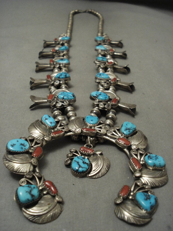 ASTRONOMICAL VINTAGE NAVAJO TURQUOISE CORAL SILVER LEAF SQUASH