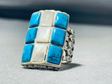 Magnificent Vintage Native American Navajo Turquoise & Mother Of Pearl Sterling Silver Ring-Nativo Arts