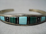 Superior Vintage Native American Navajo Graduating Turquoise Inlay Sterling Silver Bracelet-Nativo Arts