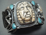 One Of The Most Detailed Ever Turquoise Sterling Silver Chief Bracelet-Nativo Arts