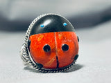 Marvelous Native American Navajo Coral Jet Ladybug Sterling Silver Ben Begaye Ring-Nativo Arts