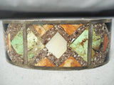 Signed Vintage Native American Navajo Lime Green Turquoise Sterling Silver Inlay Bracelet-Nativo Arts
