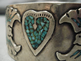 Incredible Vintage Native American Navajo Inlaid Turquoise Heart Sterling Silver Bracelet Cuff-Nativo Arts