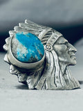 Signed San Felipe Old Kingman Turquoise Sterling Silver Chief Ring-Nativo Arts