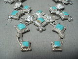 Detailed Native American Navajo Old Kingman Turquoise Sterling Silver Squash Blossom Necklace-Nativo Arts