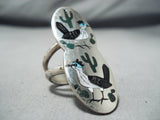 Quam Native American Zuni Inlay Turquoise Jet Roadrunners Sterling Silver Ring-Nativo Arts