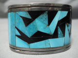 Native American One Of The Best Vintage Turquoise Sterling Silver Inlay Onyx Bracelet Old-Nativo Arts