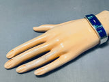 Thick Sturdy Vintage Native American Navajo Lapis Turquoise Inlay Sterling Silver Bracelet-Nativo Arts