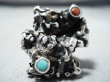Dazzling Navajo Native American Turquoise Coral Sterling Silver Ring-Nativo Arts