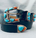 Angelita Cheama Vintage Native American Zuni Morenci Turquoise Coral Sterling Silver Belt-Nativo Arts