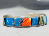 Signed Vintage Native American Navajo Intricate Turquoise Sterling Silver Inlay Bracelet-Nativo Arts