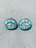 Amazing Vintage Native American Zuni Inlay Blue Gem Turquoise Mop Sterling Silver Earrings-Nativo Arts