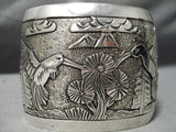 Huge Modern Navajo Sterling Silver Hummingbird Scene Bracelet Native American-Nativo Arts