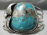 Rare Vintage Native American Navajo Smokey Bisbee Turquoise Sterling Silver Leaf Bracelet-Nativo Arts