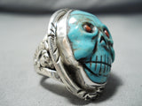 Native American Hand Carved Important Turquoise Coral Sterling Silver Ring-Nativo Arts