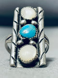Superlative Vintage Native American Navajo Mother Of Pearl & Turquoise Sterling Silver Ring-Nativo Arts