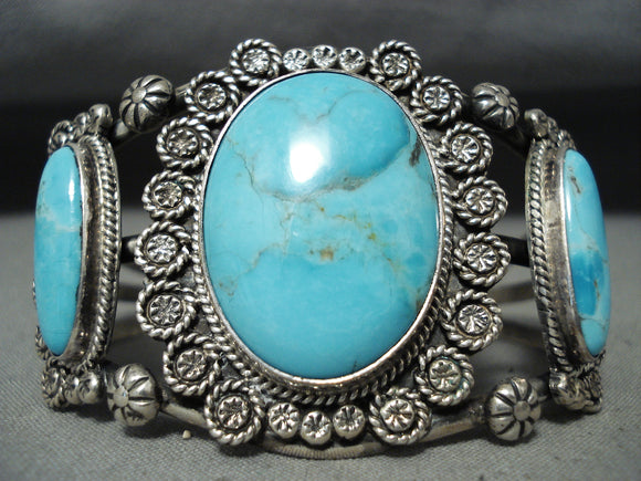 Triple Stone Vintage Native American Navajo Easter Blue Turquoise Sterling Silver Bracelet-Nativo Arts
