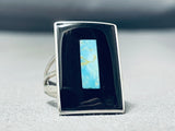 Important Vintage Native American Zuni Turquoise Jet Sterling Silver Long Ring-Nativo Arts