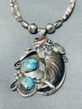Rare Vintage Native American Navajo Bear Turquoise Coral Sterling Silver Necklace-Nativo Arts