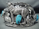 Detailed Howling Wolf Native American Navajo Turquoise Sterling Silver Bracelet-Nativo Arts