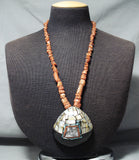 Exceptional Vintage Native American Navajo Coral Inlay Shell Sterling Silver Necklace-Nativo Arts