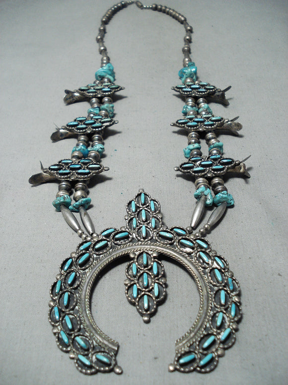 Women's Vintage Native American Navajo Needle Turquoise Sterling Silver Squash Blossom Necklace-Nativo Arts