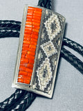 One Of The Best Native American Navajo Coral Inlay Sterling Silver Bolo Tie-Nativo Arts