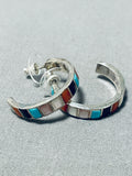 Amazing Vintage Native American Zuni Inlay Blue Gem Turquoise Coral Sterling Silver Earrings-Nativo Arts