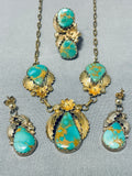 Dazzling Vintage Native American Navajo Royston Turquoise Gold Filled Necklace Ring Earring Set-Nativo Arts