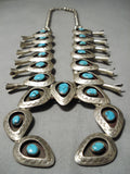 Big Vintage Native American Navajo Carico Lake Turquoise Sterling Silver Squash Blossom Necklace-Nativo Arts