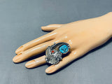 Huge Native American Navajo Turquoise Coral Bear Sterling Silver Ring-Nativo Arts