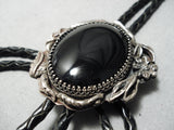Astounding Vintage Navajo Domed Onyx Sterling Silver Native American Bolo Tie-Nativo Arts