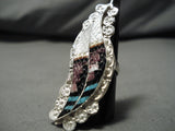 Impressive Vintage Zuni Native American Turquoise Inlay Sterling Silver Ring Old-Nativo Arts