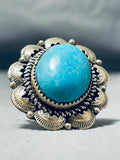 Impressive Native American Navajo Pilot Mountain Turquoise Sterling Silver Ring Signed-Nativo Arts