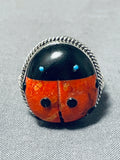 Marvelous Native American Navajo Coral Jet Ladybug Sterling Silver Ben Begaye Ring-Nativo Arts