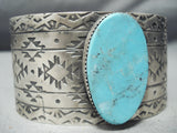Native American Huge Oval Turquoise Wide Hand Stamped Sterling Silver Geometric Bracelet Cuff-Nativo Arts