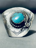 Signed Native American Navajo Old Kingman Turquoise Sterling Silver Cowboy Hat Ring-Nativo Arts