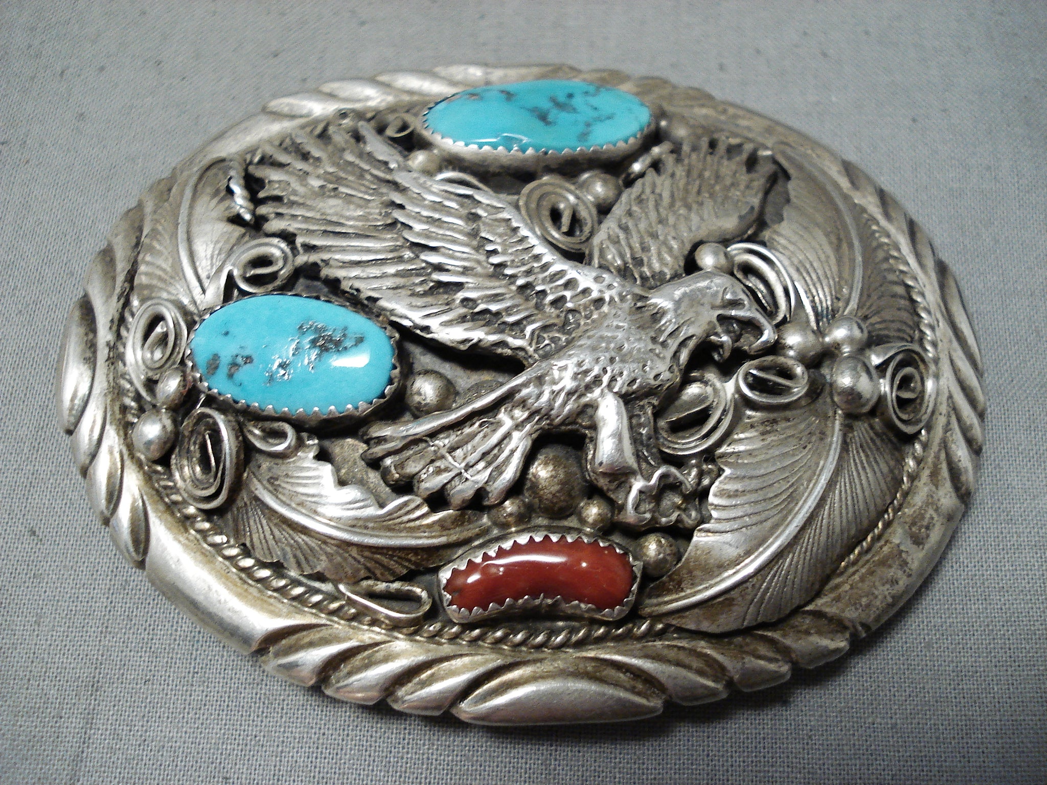 Vintage Navajo Eagle Sterling Silver Belt Buckle with Turquoise