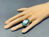 Heavy Vintage Native American Navajo Pilot Mountain Turquoise & Mop Sterling Silver Ring-Nativo Arts