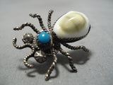 Museum Quality Vintage Native American Navajo Bug Turquoise Shell Sterling Silver Pin Old-Nativo Arts