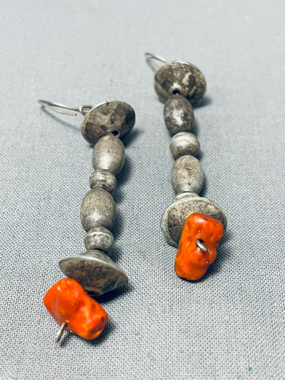 Hand Hammered Bead Vintage Native American Navajo Coral Sterling Silver Earrings-Nativo Arts