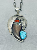 Authentic Native American Navajo Turquoise Coral Sterling Silver Bear Coral Necklace-Nativo Arts