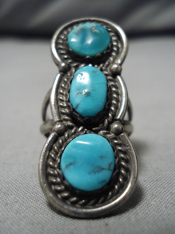 Striking Vintage Native American Navajo Towering Turquoise Sterling Silver Ring Old-Nativo Arts