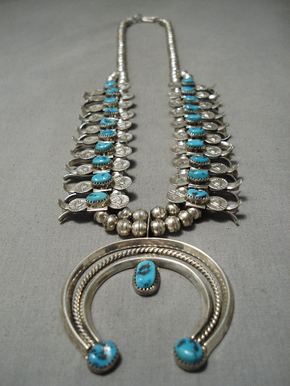 Incredible Vintage Native American Navajo Turquoise Sterling Silver Squash Blossom Necklace-Nativo Arts